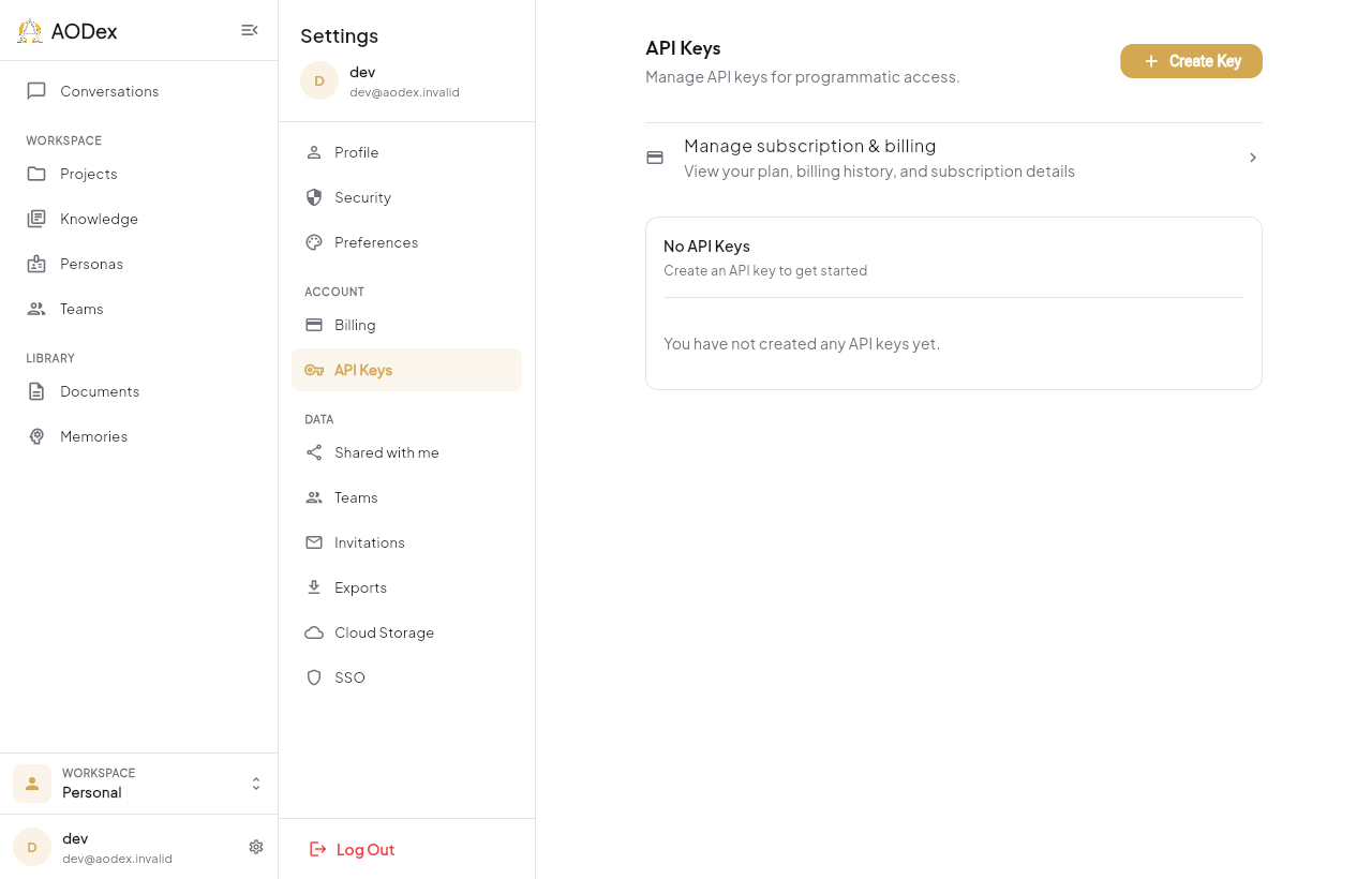 The API keys screen