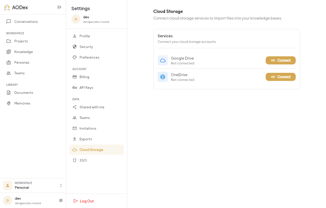 The cloud storage connections screen