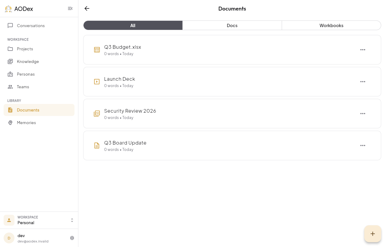 The Documents library with the All, Docs and Workbooks filters