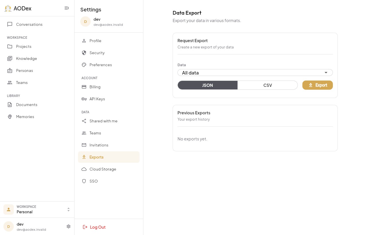 The data export screen