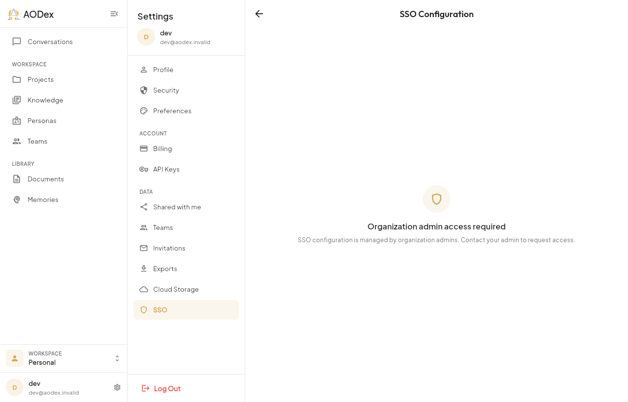 The SSO settings entry showing &ldquo;Organization admin access required&rdquo; — the view for a team member who is not an organization admin