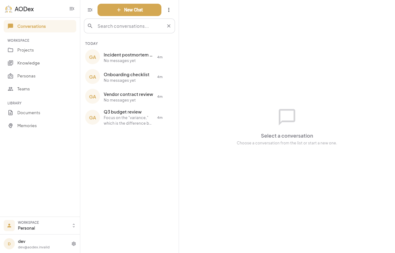 The AODex workspace: conversation list, workspace navigation and the library