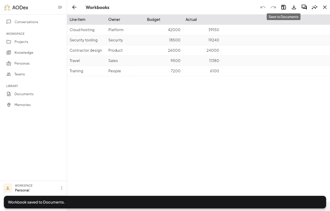 The workbook toolbar with Save to Documents, and the confirmation that the workbook was saved