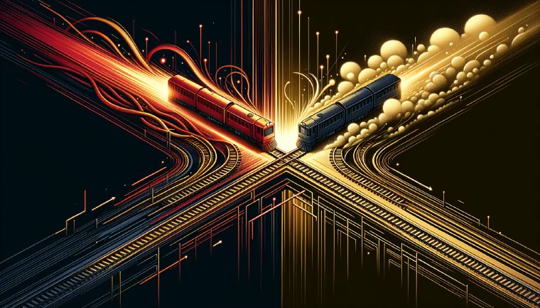 Abstract illustration of converging rails reaching an architectural limit
