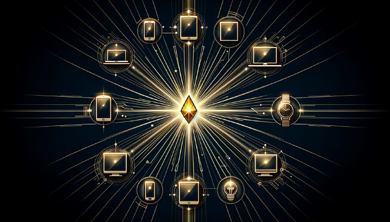 Abstract illustration of a golden prism refracting light to six device platforms